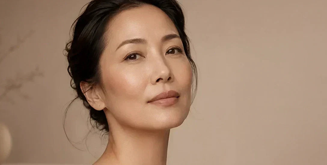 Asian woman with natural facial contour and glowing skin in soft editorial lighting